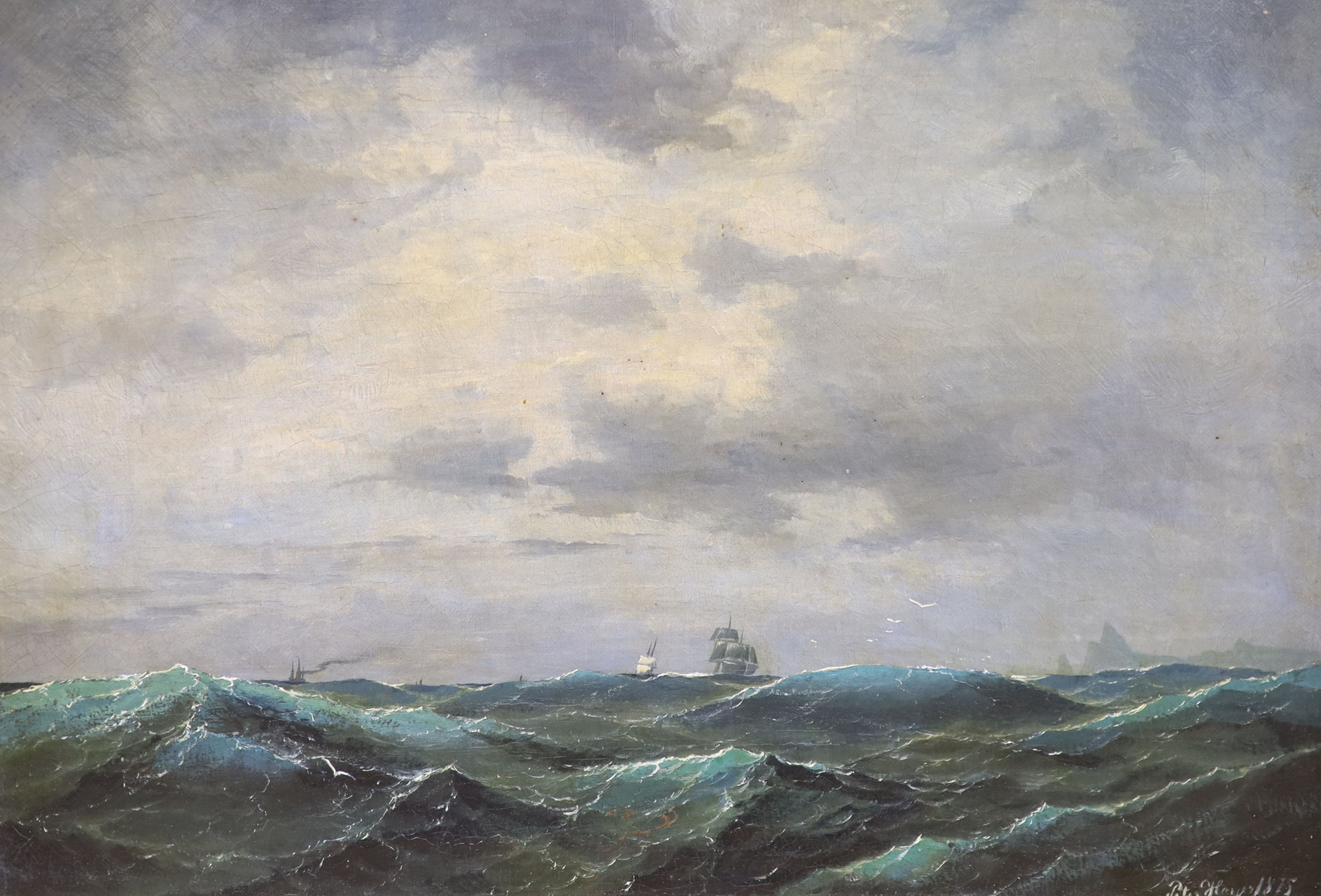 English School (19th century), Shipping on a choppy sea, indistinctly signed and dated 1875, oil on canvas, 26 x 36cm 25.5 x 36cm